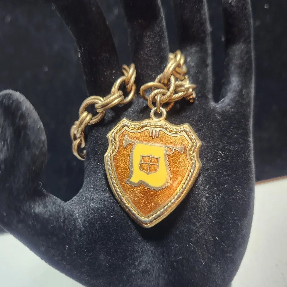 Vintage Gold Tone Heraldic Shield Crown‎ Charm Bracelet Orange Enamel